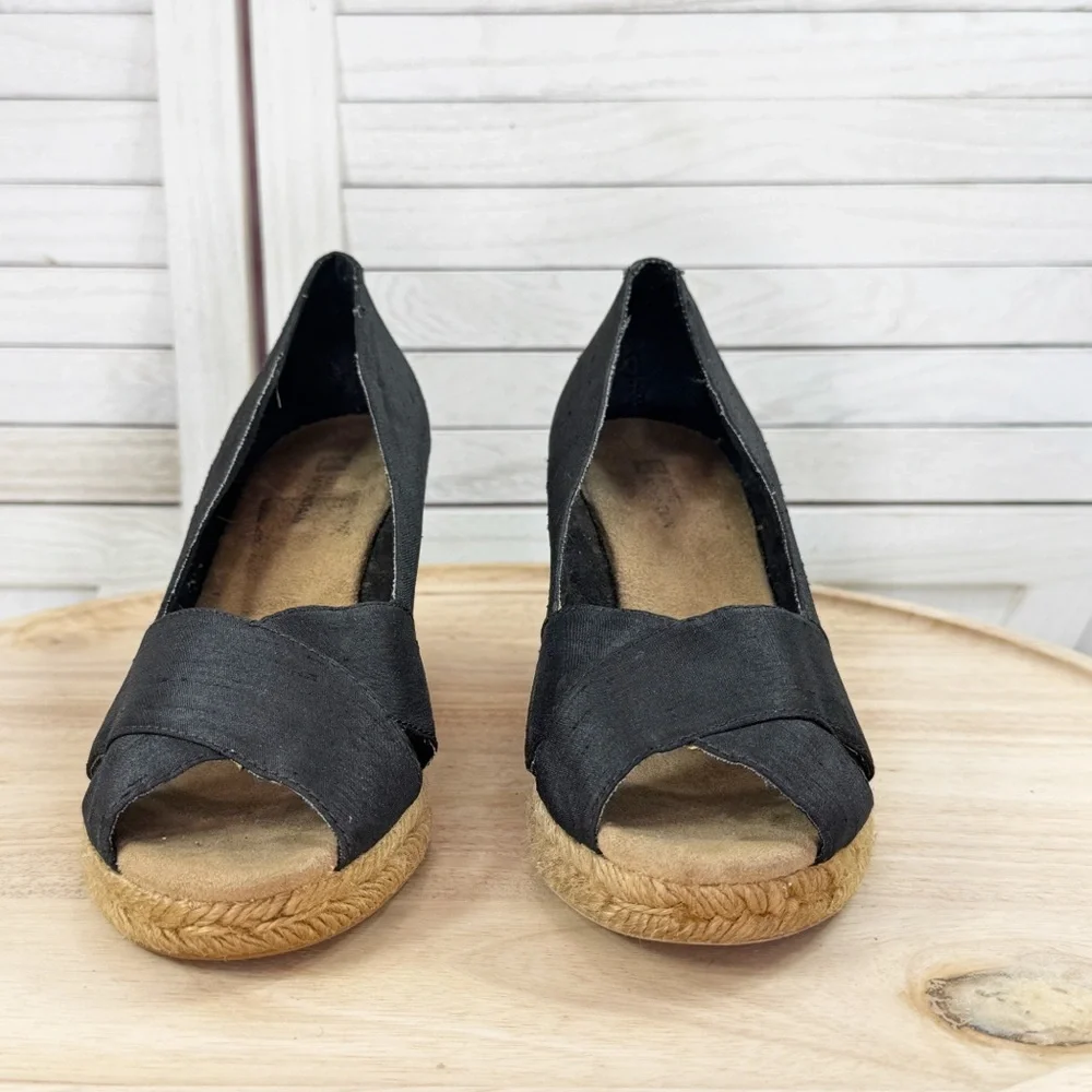 White Mountain Dupioni Fabric Peep Toe Espadrille Wedge Heels‎ Black 9